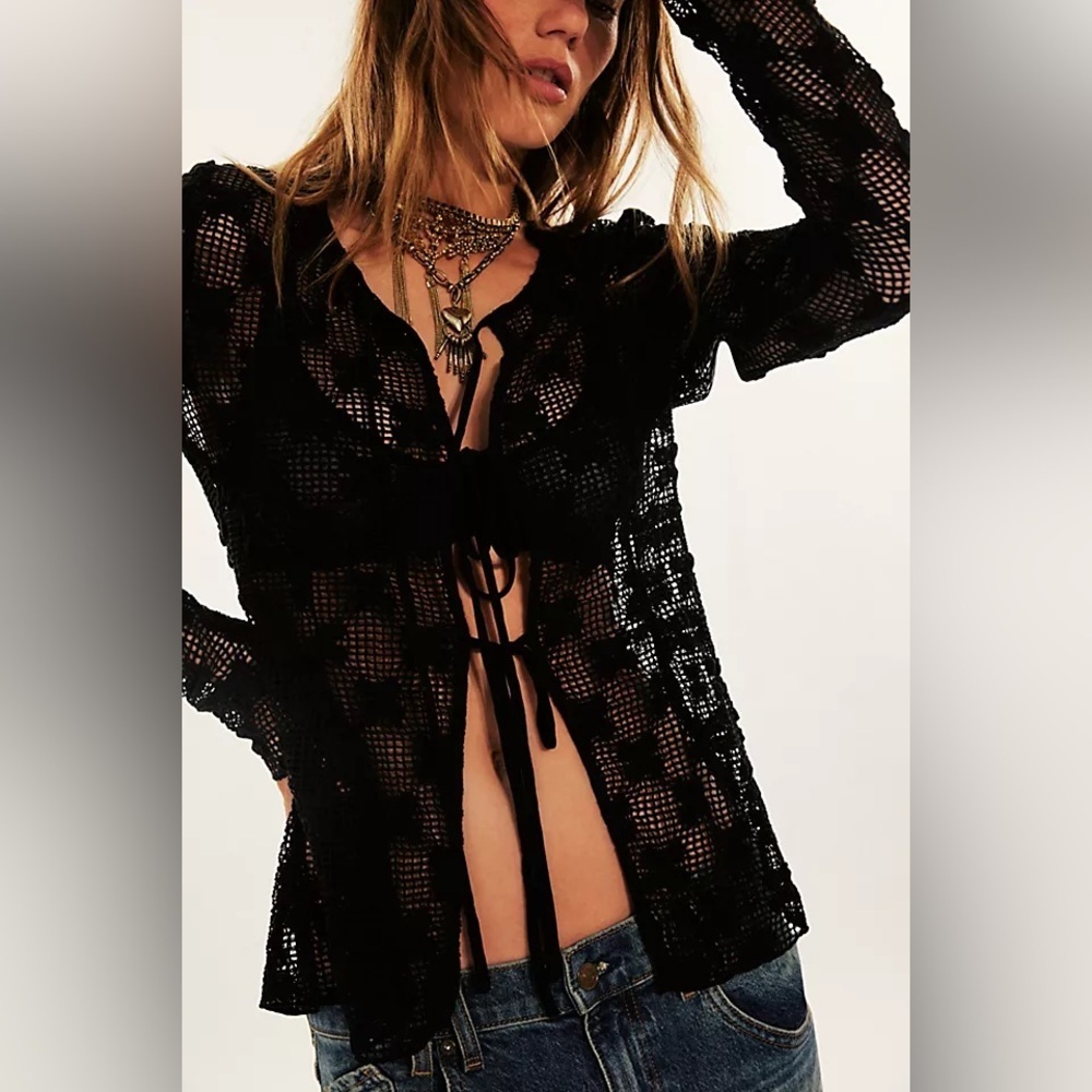 Free People Women’s Julie Knit Black Sheer Lace Cardigan Size XS Crochet Bow Tie - Picture 1 of 8
